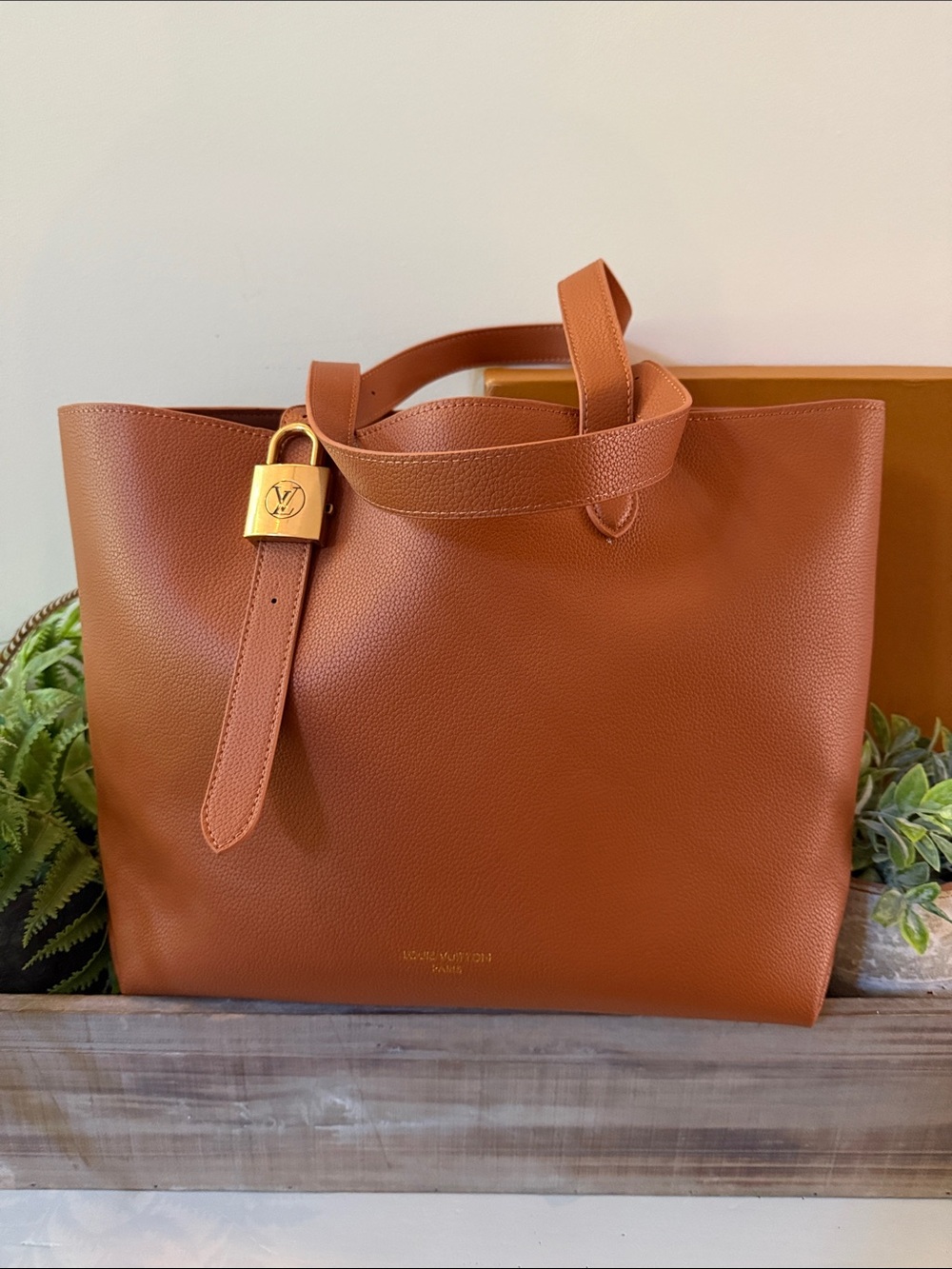 Camel Leather Tote with Gold Padlock Accent